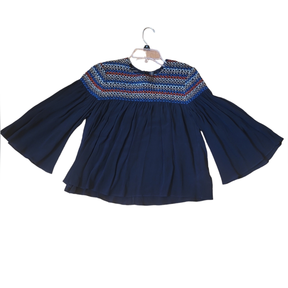 Tracy Reese Plenty  Black Yoke Shirt Long Sleeve Ruched Embroidered - Picture 2 of 6